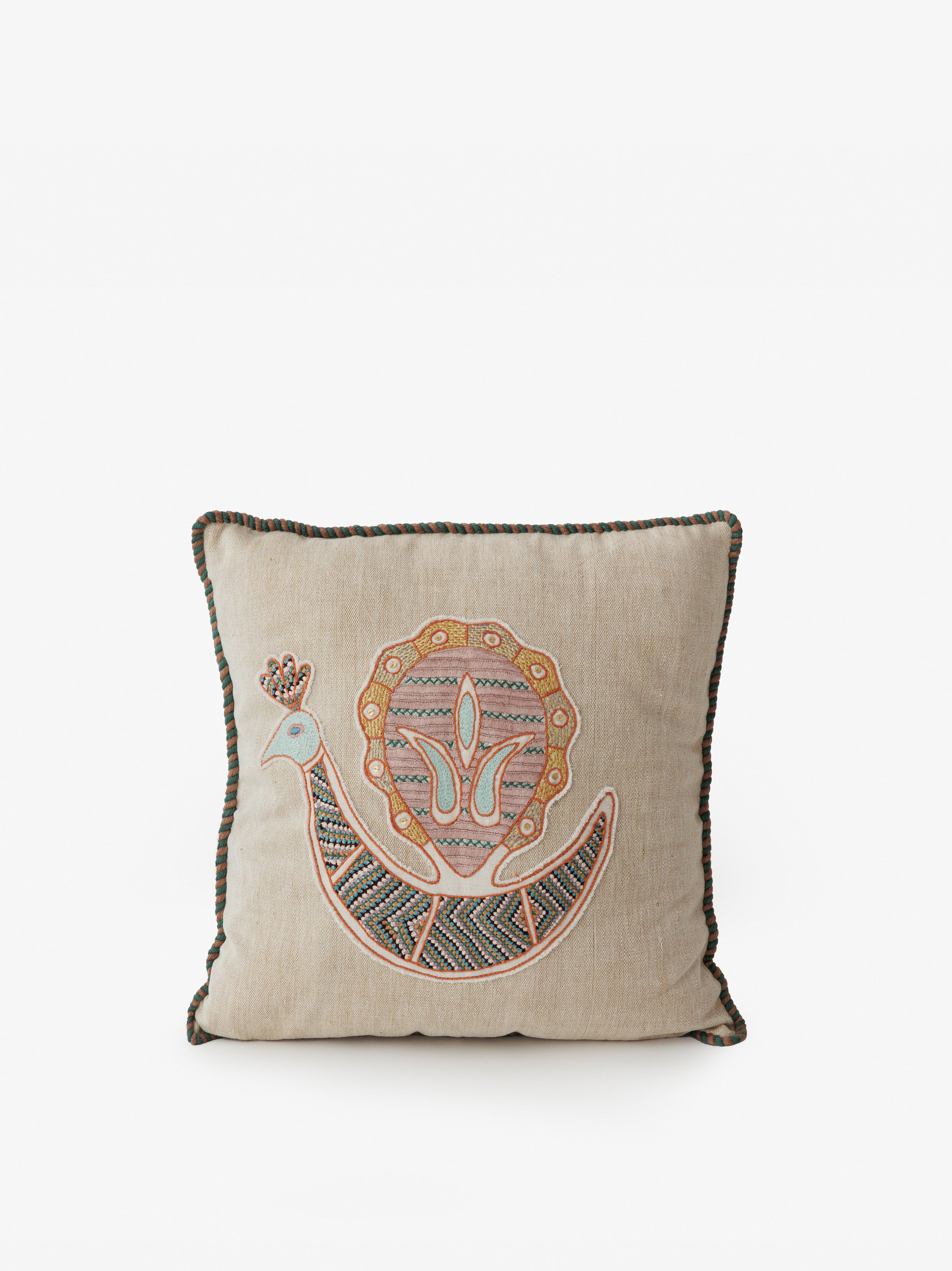 Peacock Cushion - Granola/Rose